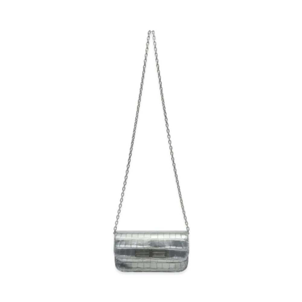 BALENCIAGA Gossip Wallet On Chain In Metallized Extra Supple Crocodile Embossed Calfskin "Silver"