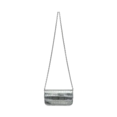 BALENCIAGA Gossip Wallet On Chain In Metallized Extra Supple Crocodile Embossed Calfskin "Silver"