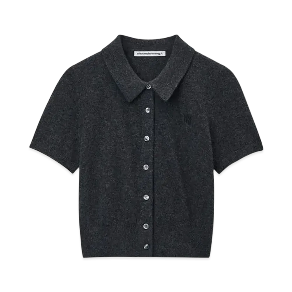 Alexander Wang Logo Embroidered Wool Polo Cardigan "Charcoal"