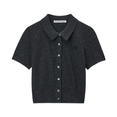 Alexander Wang Logo Embroidered Wool Polo Cardigan "Charcoal"