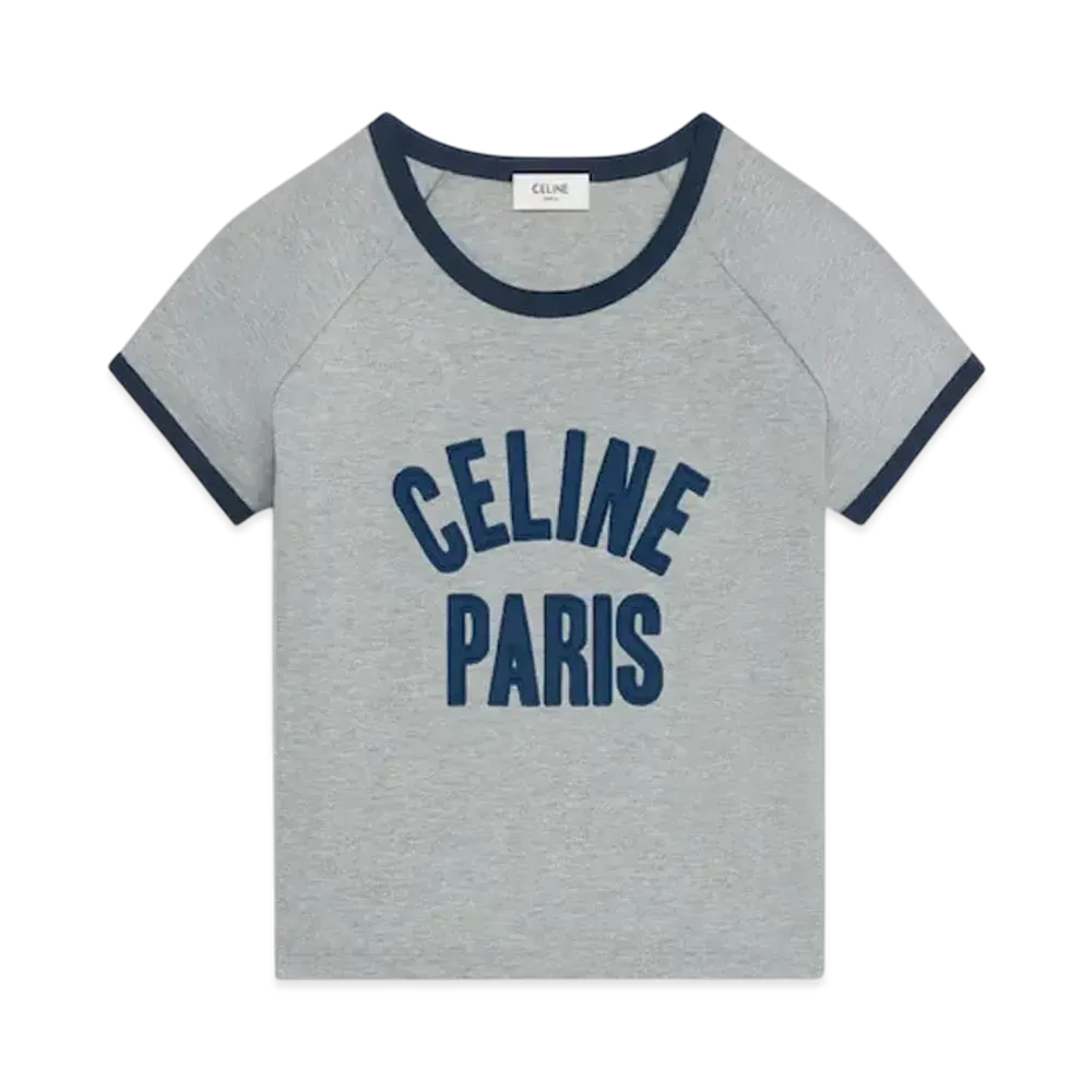 CELINE Women's Paris T-Shirt in Cotton Jersey "Grey Melange/Navy"