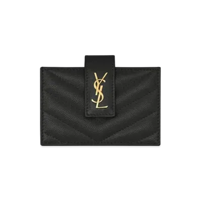 Saint Laurent Monogram Business Card Case In Grain De Poudre Embossed Leather "Black"