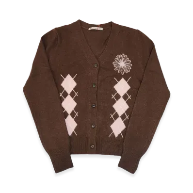 Mardi Mercredi Cashmere Blended Cardigan V Neck Argyle "Chocolate Pink"