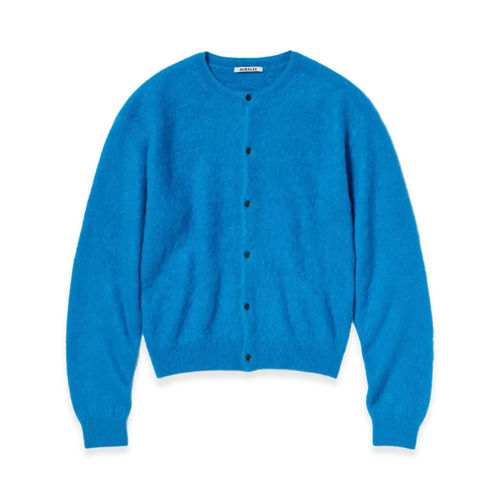 AURALEE Garment-Dyed Baby Alpaca Fur Knit Crew-Neck Cardigan "Blue"