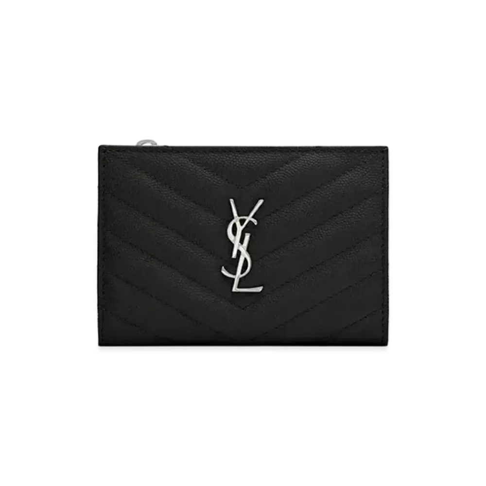 Saint Laurent Monogram Zippered Two-Part Wallet In Quilted Grain De Poudre Embossed Leather "Black"