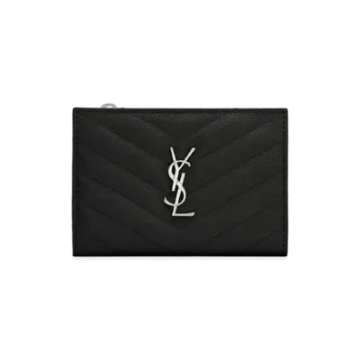 Saint Laurent Monogram Zippered Two-Part Wallet In Quilted Grain De Poudre Embossed Leather "Black"