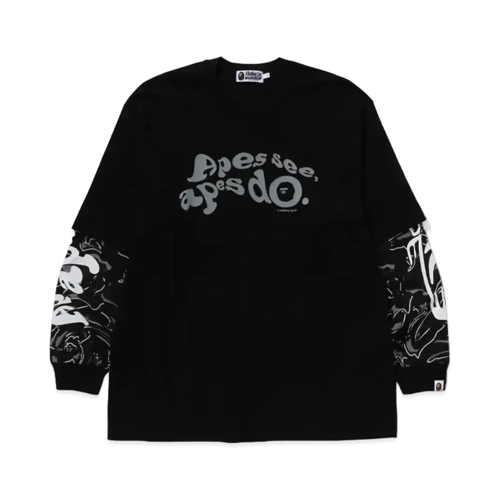 A BATHING APE Multi Logo Layered Sleeve LS Tee "Black"