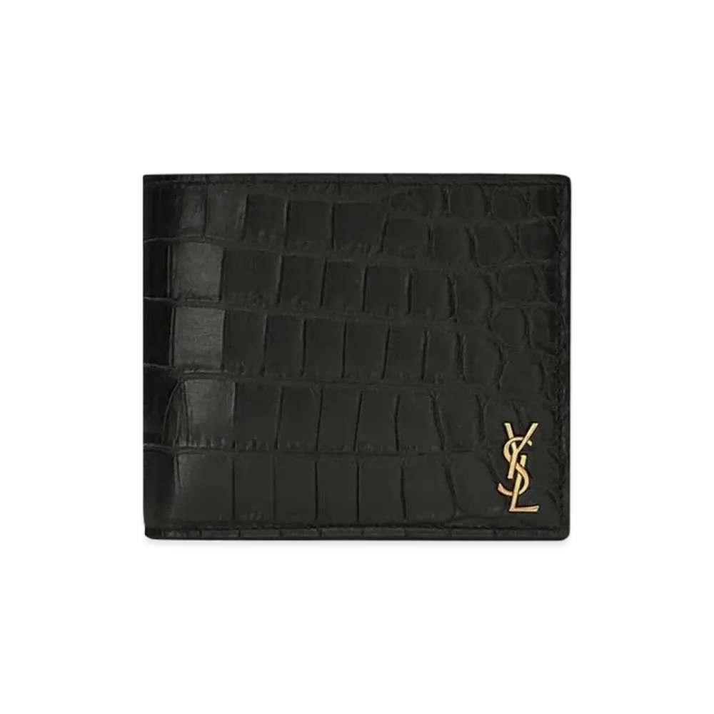 Saint Laurent Tiny Cassandre East/West Wallet In Crocodile Embossed Matte Leather "Black"