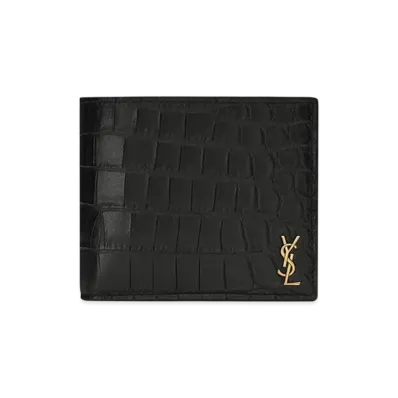 Saint Laurent Tiny Cassandre East/West Wallet In Crocodile Embossed Matte Leather "Black"