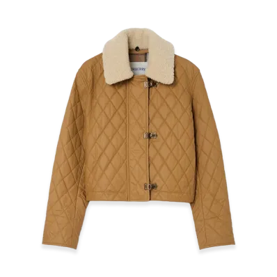 Burberry Women's Shearling Collar Quilted Cotton Howell Jacket "Sepia/Hay"