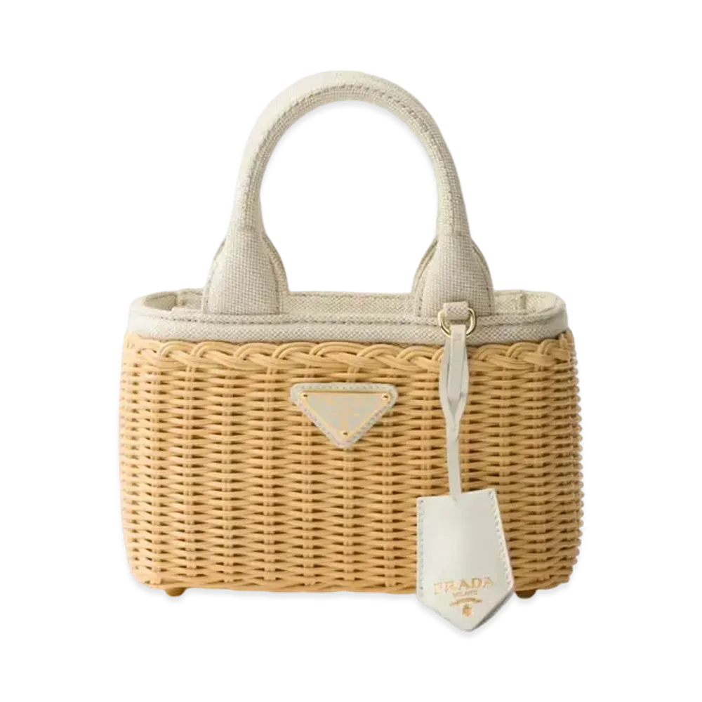 PRADA Mini Wicker and Linen Blend Tote Bag "Beige/White"