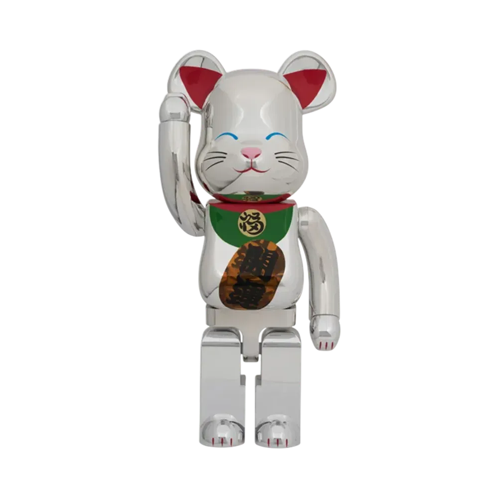 MEDICOM TOY "BEARBRICK" Maneki-Neko Lucky Cat No.2 Luminous Silver Plated 400%
