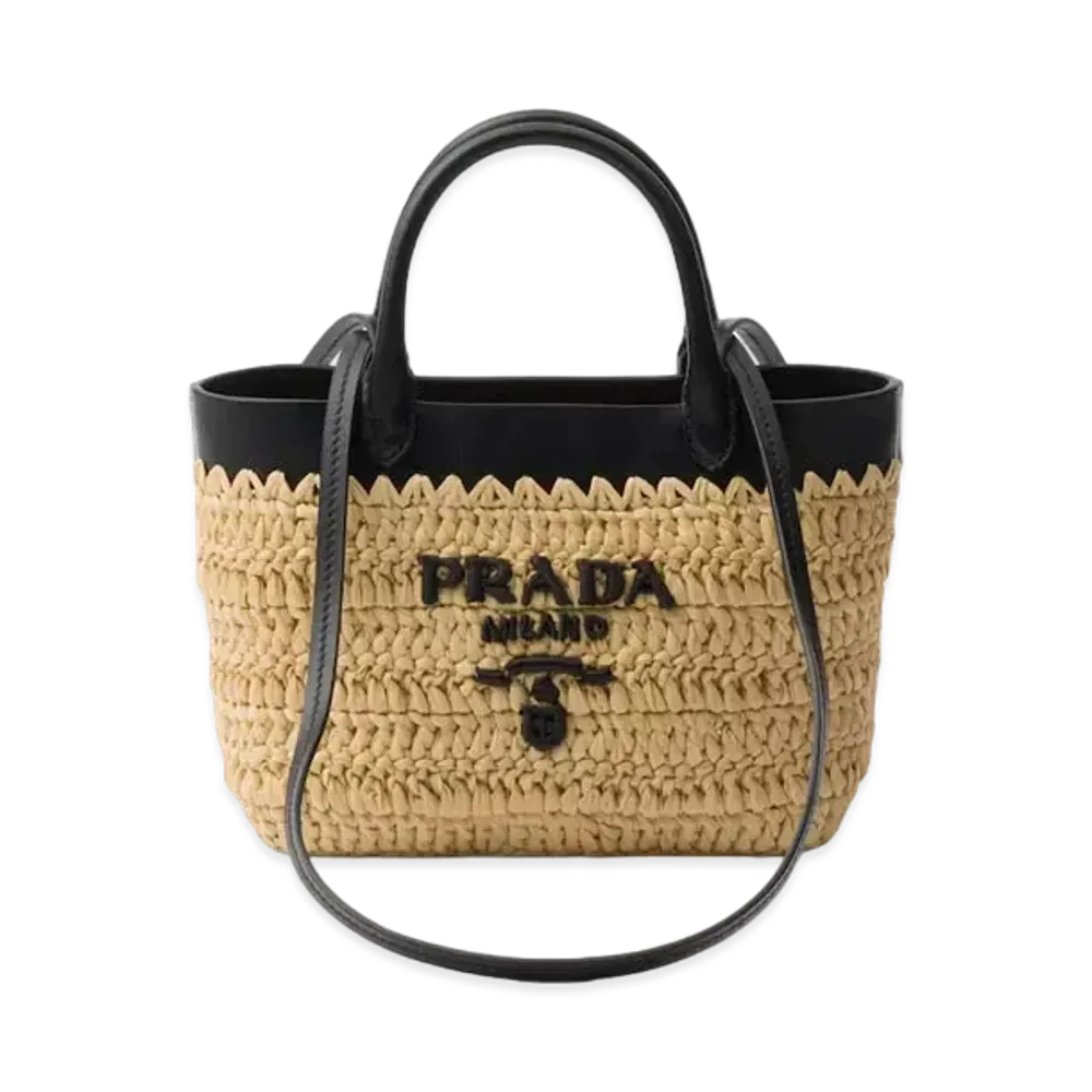 PRADA Small Crochet and Leather Tote Bag "Beige/Black"