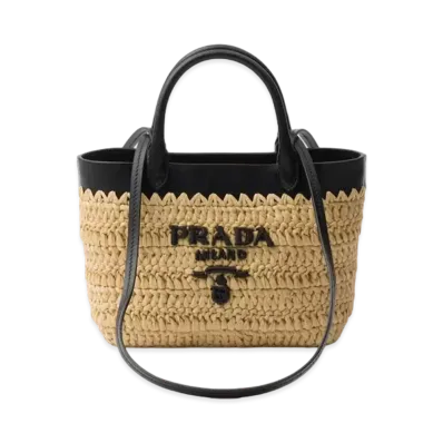 PRADA Small Crochet and Leather Tote Bag "Beige/Black"