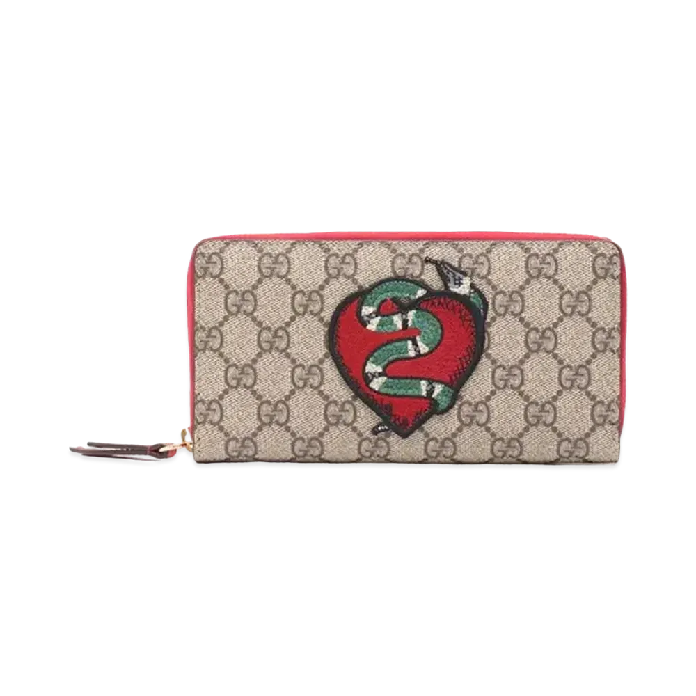 GUCCI GG Supreme Snake Heart Zip Around Wallet