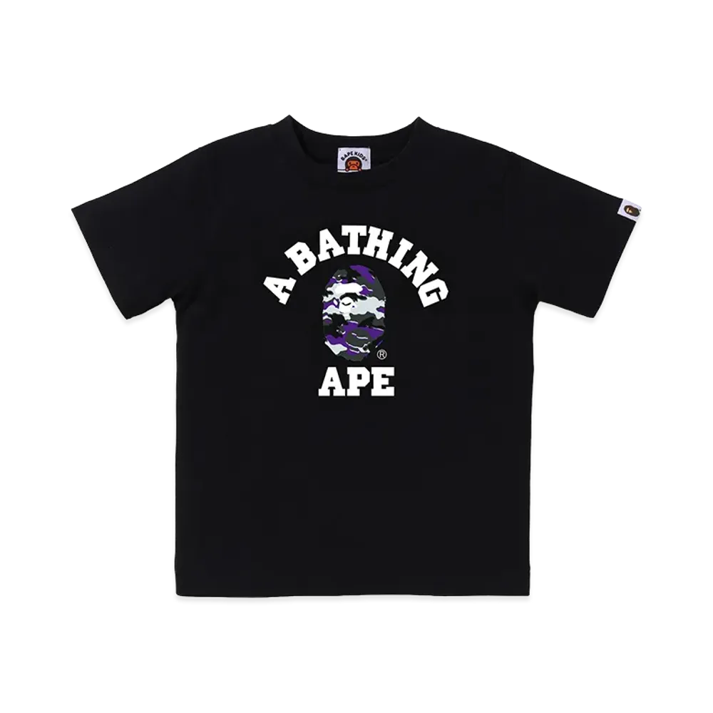 A BATHING APE Kids Glitch Woodland Camo College Tee "Black/Purple"