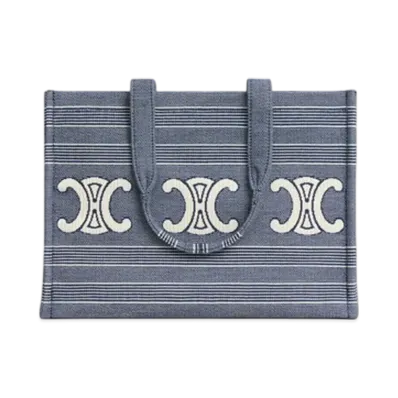 CELINE Large Cabas Thais in Striped Textile with Triomphe "Blue/Beige"