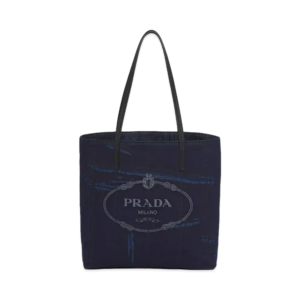 PRADA Medium Tote In Printed Denim "Navy/Black"