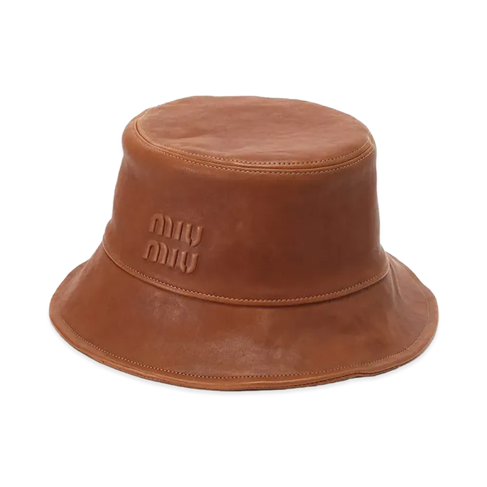 MIU MIU Leather Embossed Logo Classic Bucket Hat "Camel"
