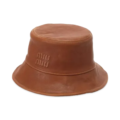 MIU MIU Leather Embossed Logo Classic Bucket Hat "Camel"