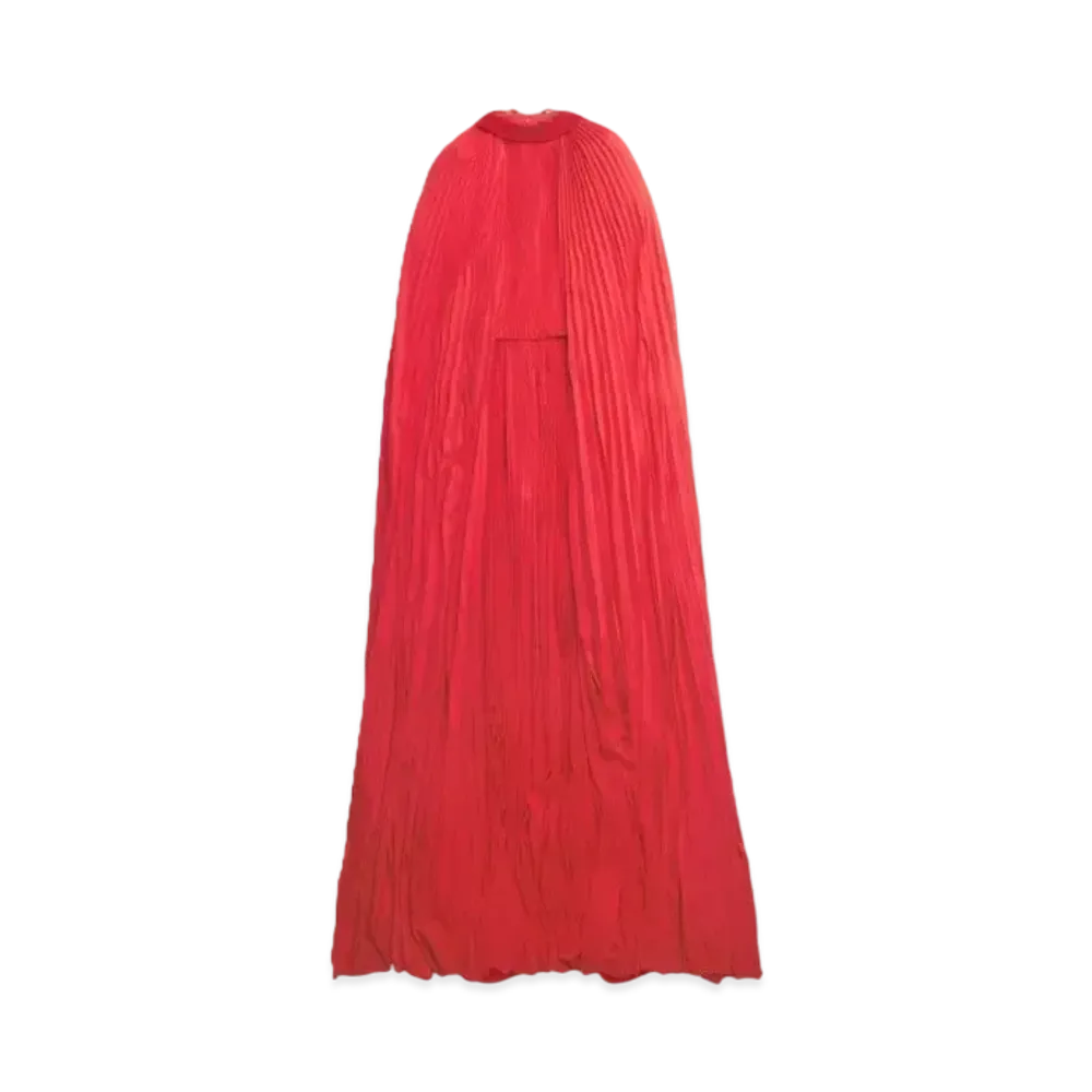 BALENCIAGA Women's Pleated Cape Maxi Dress "Red"