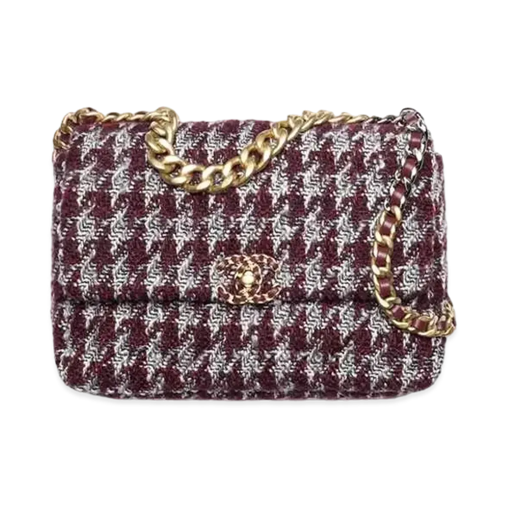CHANEL 19 Large Handbag Wool Tweed Gold Tone Silver Tone & Ruthenium Finish Metal "Burgundy/Gray/Black"