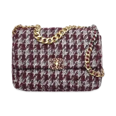 CHANEL 19 Large Handbag Wool Tweed Gold Tone Silver Tone & Ruthenium Finish Metal "Burgundy/Gray/Black"