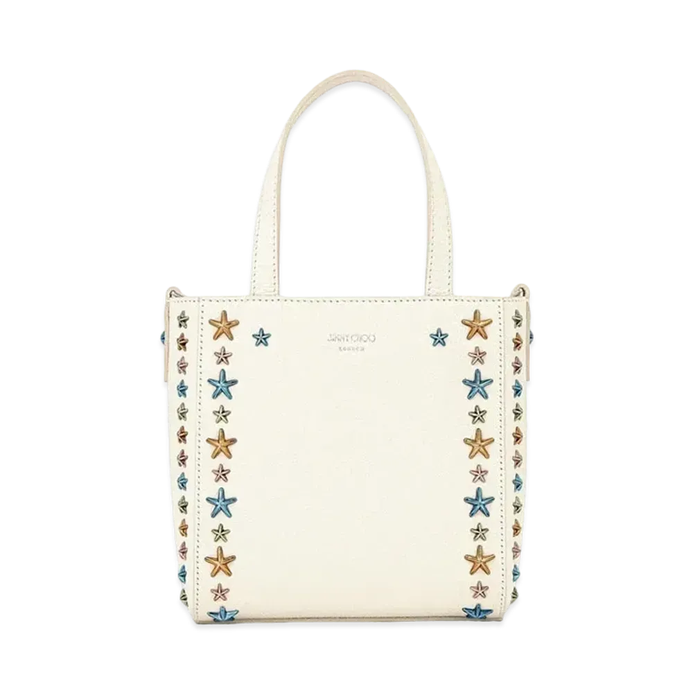 Jimmy Choo Mini Pegasi Soft Grainy Calf Leather Mini Tote Bag With Star Studs "Multicolour/Latte"