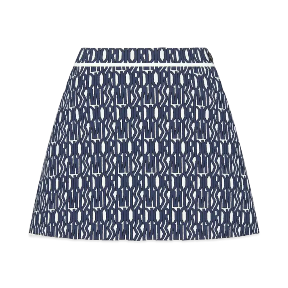 Dior Flared Miniskirt Technical Knit with Miss Dior Allover Motif "Navy Blue/White"