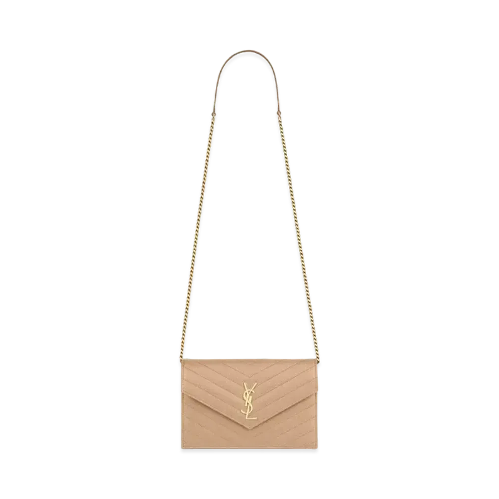 Saint Laurent Envelope Chain Wallet In Grain De Poudre Embossed Leather "Dark Beige"