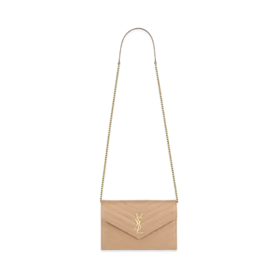 Saint Laurent Envelope Chain Wallet In Grain De Poudre Embossed Leather "Dark Beige"