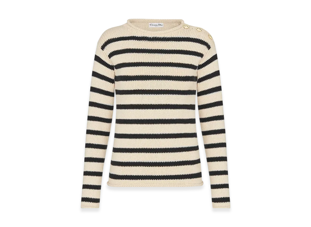 Dior Women's Sweater Mariniere Cashmere Cotton Knit "Ecru/Black"