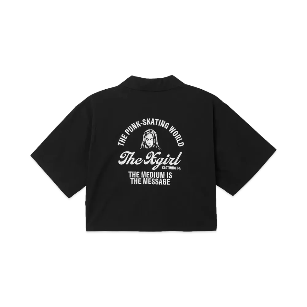 X-Girl Women's Arch Logo And Face Open Collar Cropped Shirt "Black"