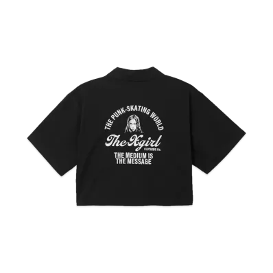 X-Girl Women's Arch Logo And Face Open Collar Cropped Shirt "Black"