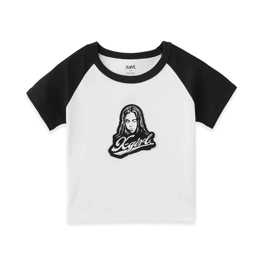 X-Girl Face Embroidered Patch Raglan S/S Baby Tee "White"