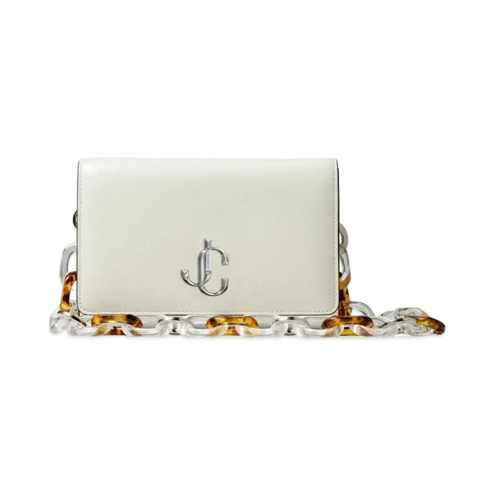 Jimmy Choo Varenne Clutch Patent Textured Leather Clutch Bag With Resin Chain "Latte"