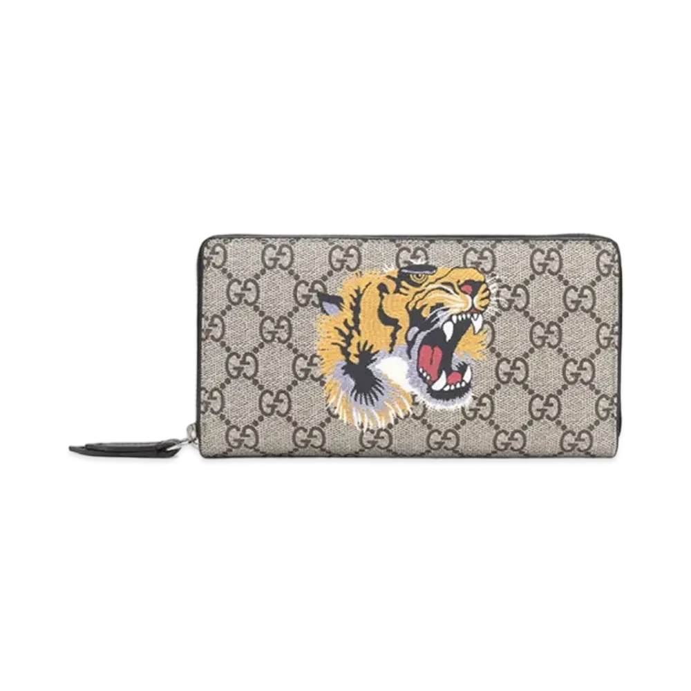 GUCCI Tiger Print GG Supreme Zip Round Wallet