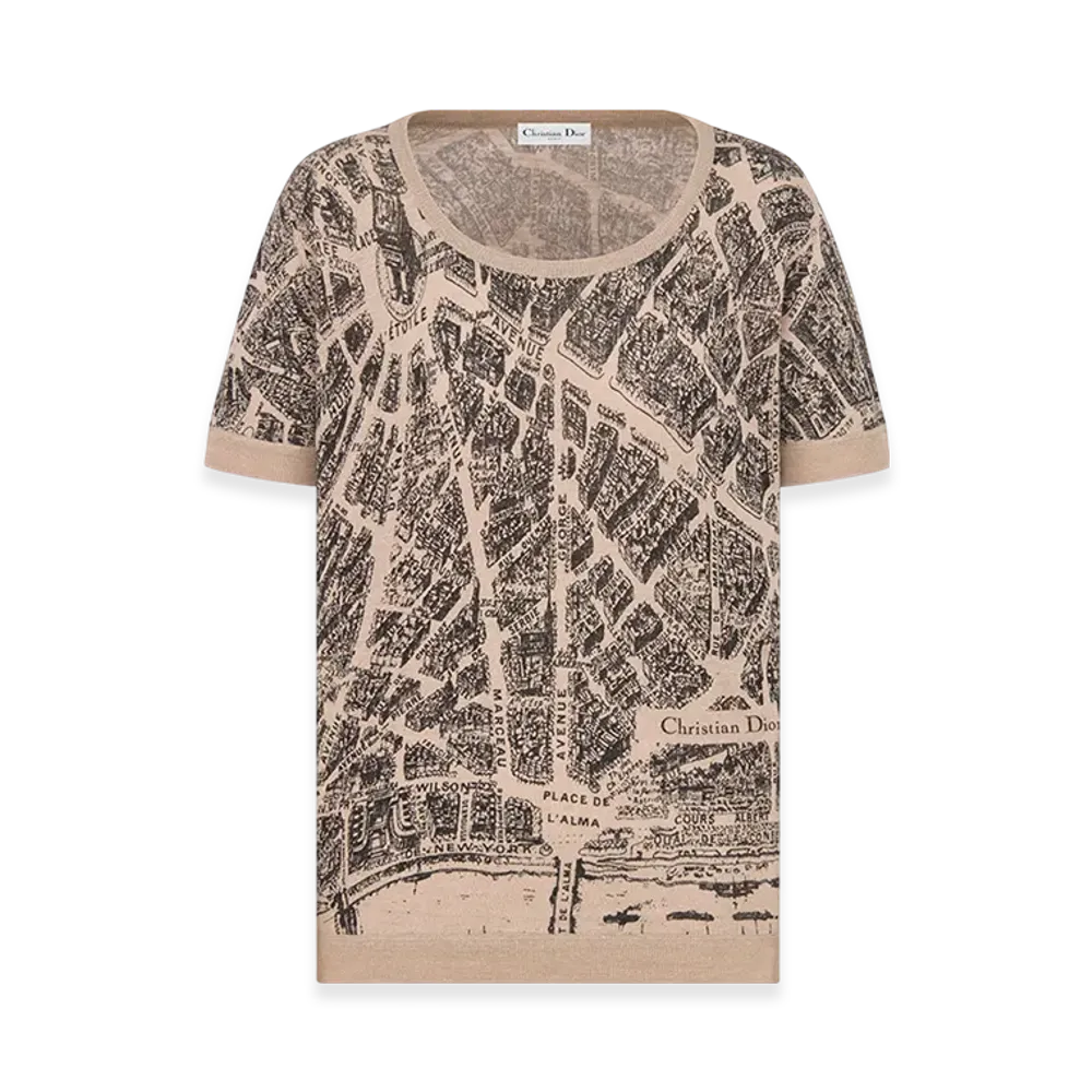 Dior Women's T-Shirt Linen Cashmere Silk Knit Plan Paris Motif "Beige/Black"
