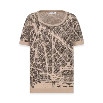 Dior Women's T-Shirt Linen Cashmere Silk Knit Plan Paris Motif "Beige/Black"