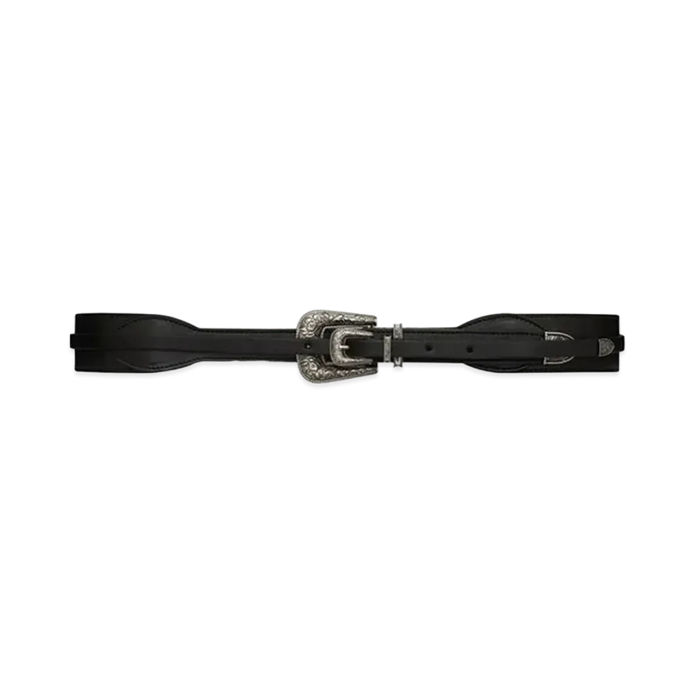 Saint Laurent Folk Double Buckle Belt In Leather And Metal "Black"