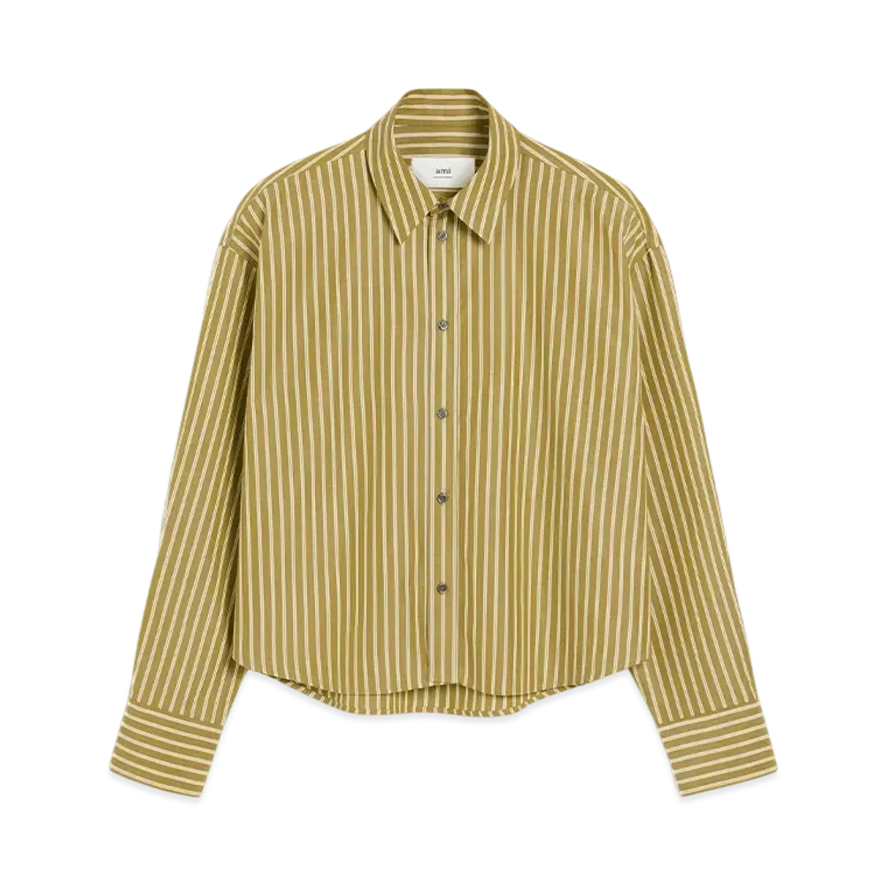 AMI PARIS Cropped Cotton Oversized Shirt "VertLichen/Blanc/Curry"