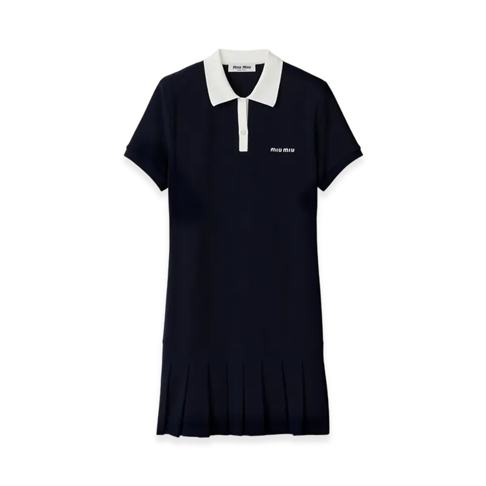 MIU MIU Women's Pleated Cotton Pique Mini Dress "Blue"