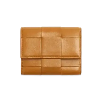 Bottega Veneta Casette Maxi Intrecciato Lambski Zip Trifold Wallet "Camel"
