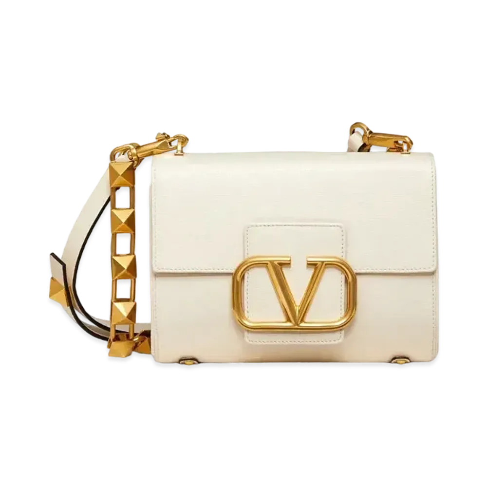 Valentino Studs Sign Grain Calfskin Shoulder Bag "Light Ivory"