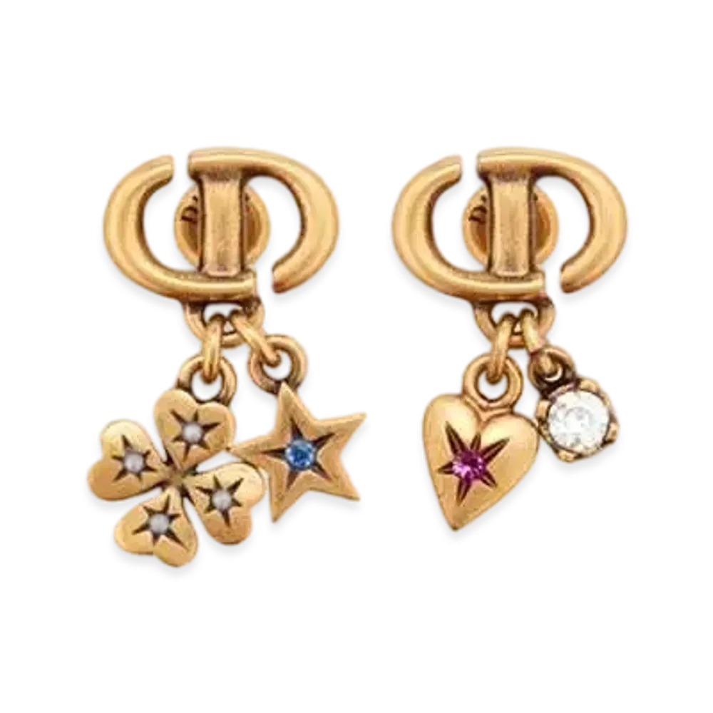 Dior Lucky Charms Earrings Metal with Resin Pearls and Crystals "Antique Gold/White/Multicolor"