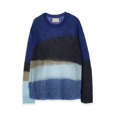 YOKE Kid Mohair Wool Nylon Intarsia Sheer Sweater "Navy"