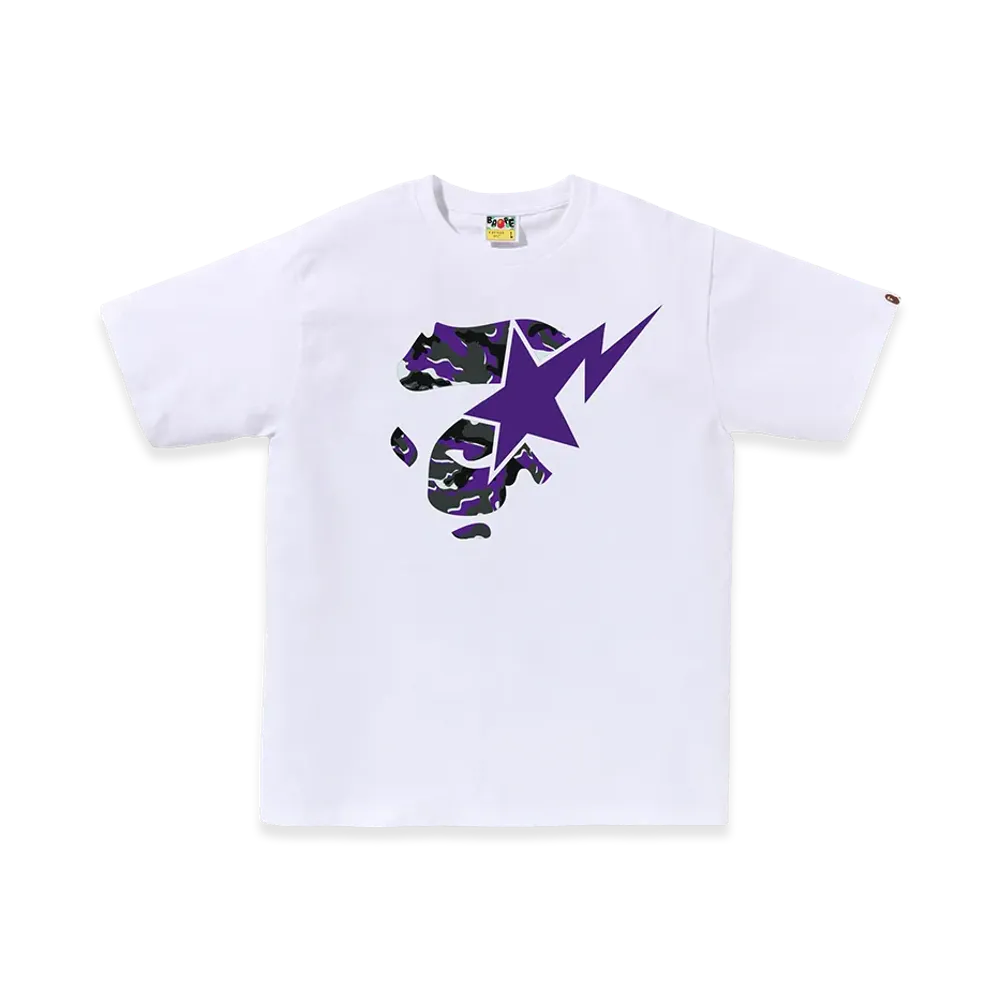 A BATHING APE Glitch Woodland Camo Ape Face Sta Tee "White/Purple"