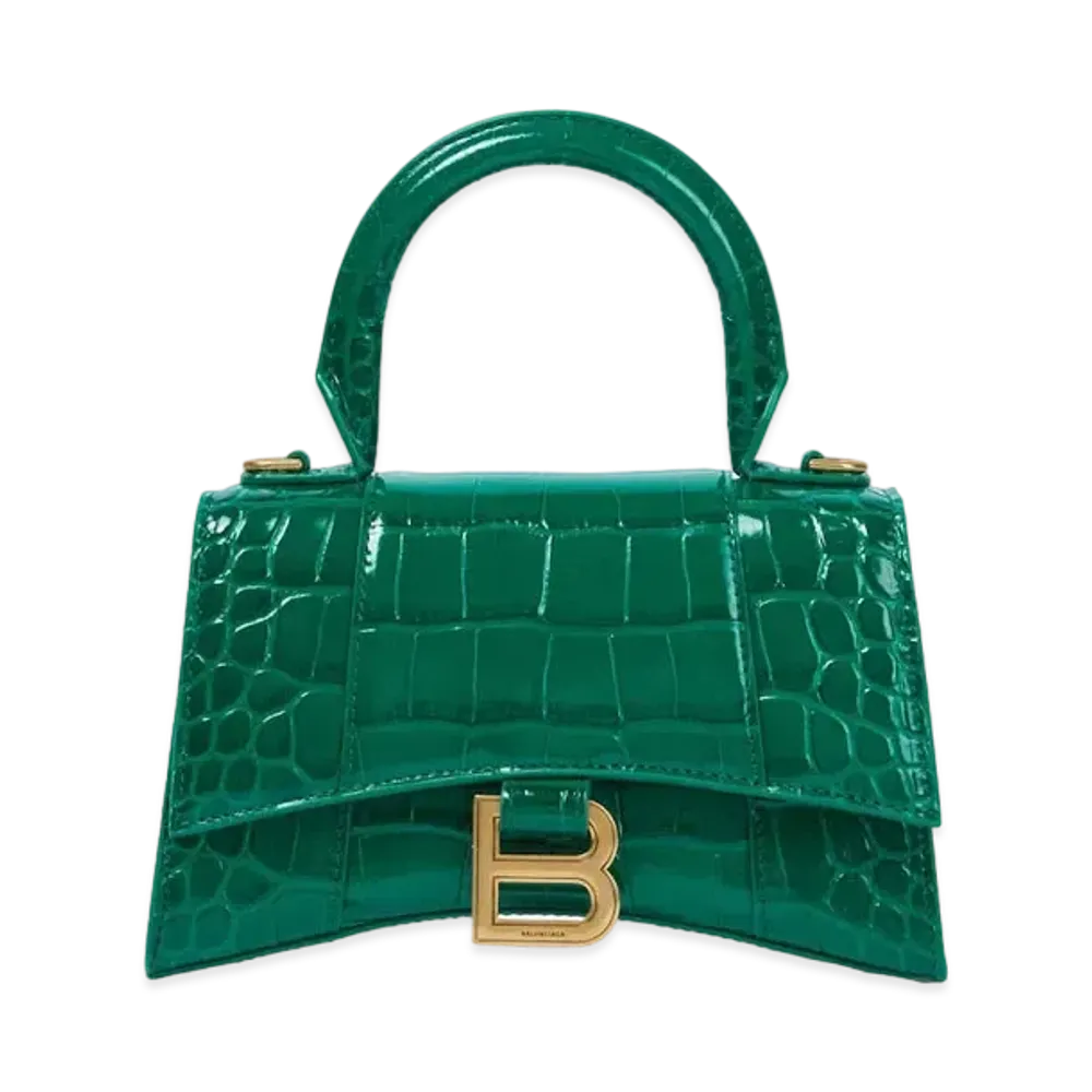 BALENCIAGA Hourglass XS Top Handle Bag Crocodile Embossed "Green"