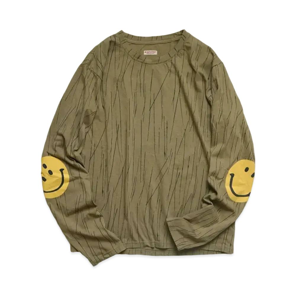 KAPITAL RAIN CAMOUFLAGE TENGU CREW LONG T (HAPPY PATCH PT) "Khaki"