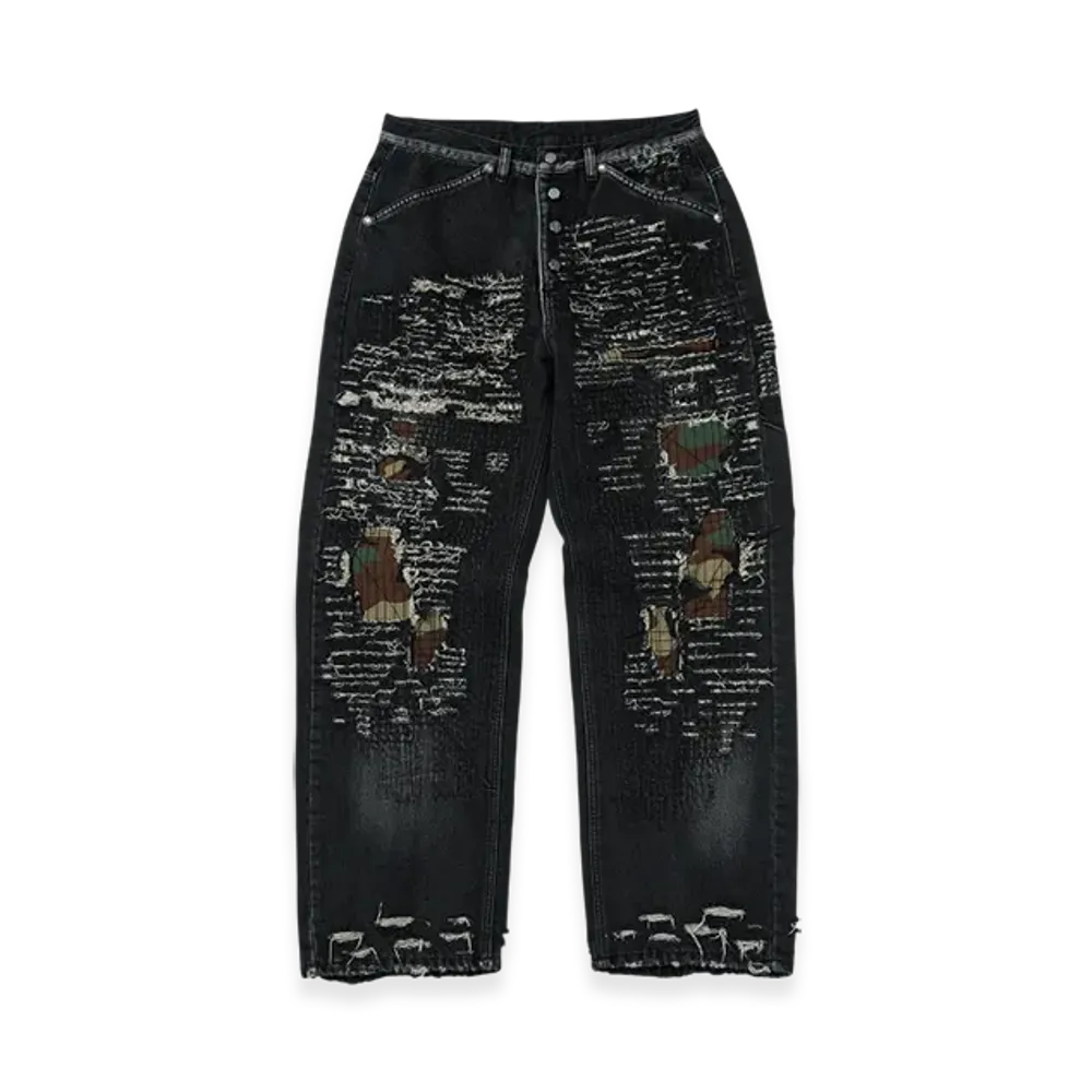 THUG CLUB Vintage-Stitched Camo Denim Pants "Black"